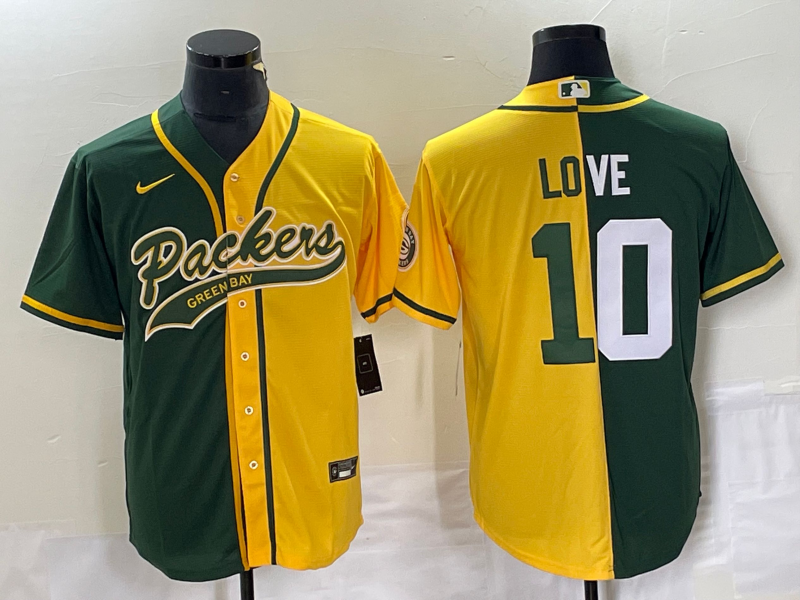 Men's Green Bay Packers #10 Jordan Love Green/Gold Split Cool Base Stitched Baseball Jersey Men's Green Bay Packers #10 Jordan Love Green/Gold Split Cool Base Stitched Baseball Jersey